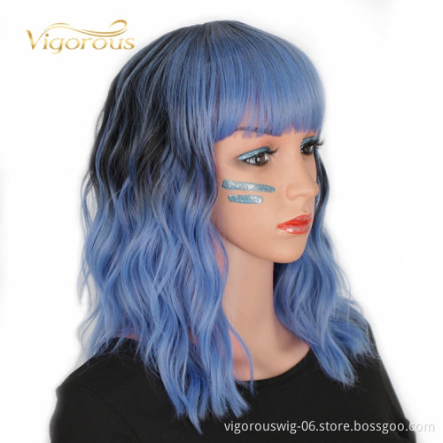 Ombre Blue Black Cheap Heat Safe Fiber High Quality Afro Wholesale Synthetic Short Wigs For Black Women